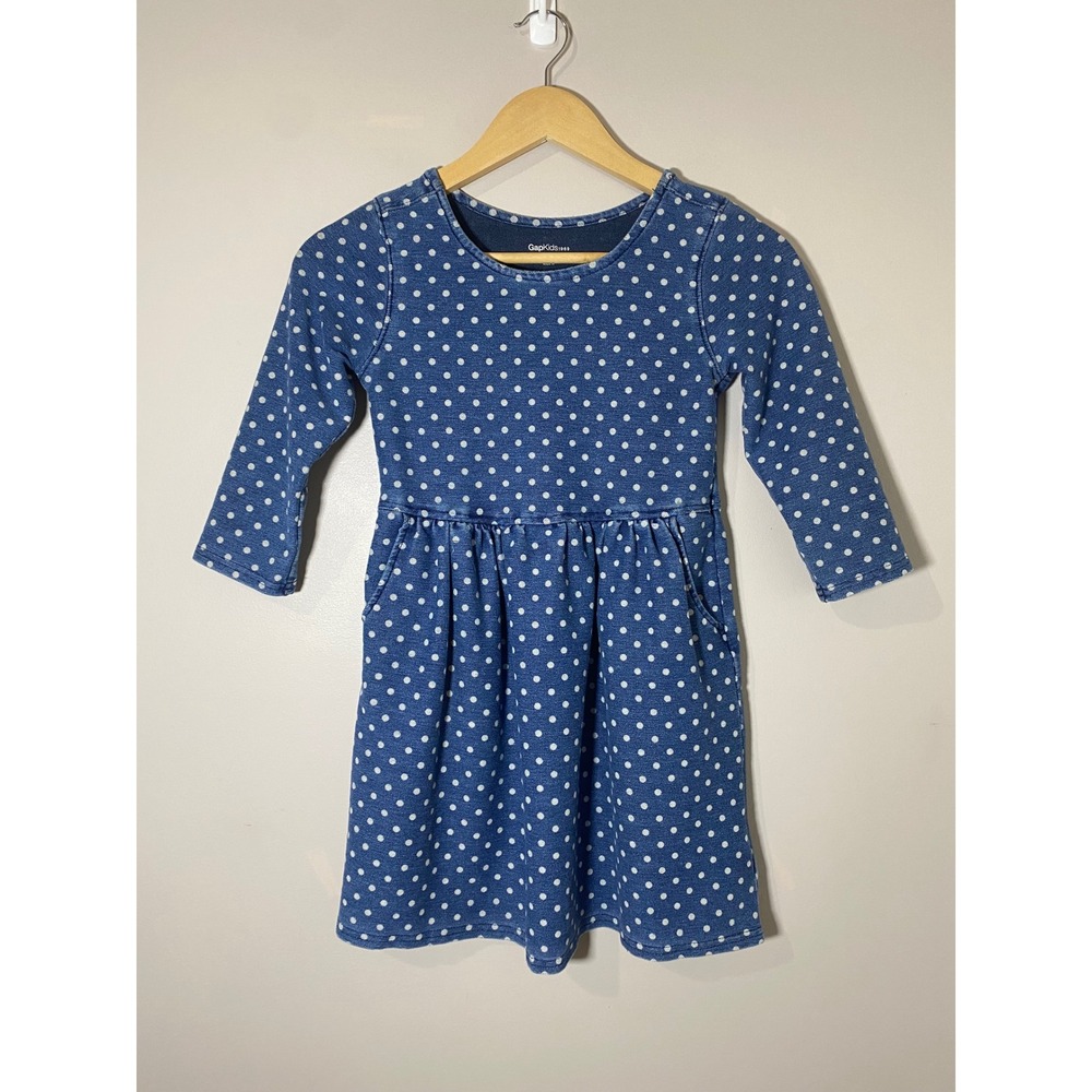 Gap Kids Girls Blue Polka‎ Dot Denim Stretch Knit Dress Long Sleeve Pockets Sz M